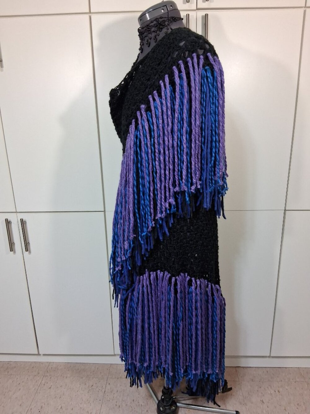 Boho Black with Royal Blue - Purple - Black Super Fringe Shawl - Picture 6 of 12
